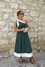 Kadın Tek Omuzu Açık Omuzlardan Kurdela Detaylı çift Renkli Ithal Krep Elbise - Görsel 3