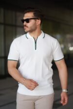 Erkek Dikey Kabartmalı Örgü Dokulu Fermuar Yakalı Tişört