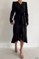 Krep Kumaş Midi Boy Kuşaklı Uzunkol Elbise 113 Cm - Görsel 16