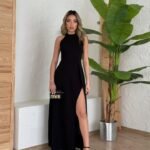 Kadın Halter Yaka Derin Yırtmaç Detaylı Tam Boy Ithal Krep Abiye Elbise