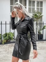 Kadın Uzun Kollu Yakalı Cepli önü Fermuarlı Mini Deri Elbise - Görsel 3