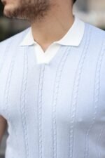 Erkek Örgü Desen Yakalı Kısa Kollu Triko Tişört - %100 Pamuk Akrilik - Görsel 5