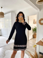 Kadın Uzun Kollu Bisiklet Yaka şerit Leopar Desenli Kısa Dalgıç Elbise - Görsel 11