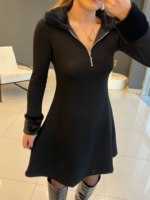 Kadın Uzun Kollu Kürk Yakalı Fermuarlı Kısa Viskon Iki Iplik Elbise - Görsel 2