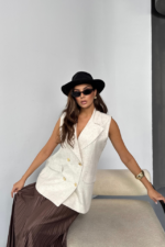 GOLD DÜĞMELİ KETEN YELEK - Ham - Görsel 2