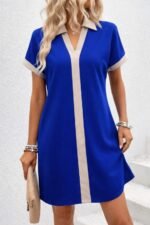 Kadın Kısa Kollu V Yakalı Onden şerit Detaylı Yakalı Kısa Janjan Krep Elbise - Görsel 2