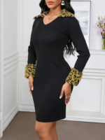 Kadın Uzun Kollu V Yakalı Kürk Detaylı Kaşkorse Elbise - Görsel 7