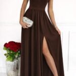 Kadın Omuzlardan Açık Asimetrik Yaka Detaylı Yırtmaçlı Maksi Boy Janjan Krep Elbise