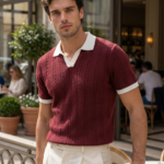 Erkek Örgü Desen Yakalı Kısa Kollu Triko Tişört - %100 Pamuk Akrilik