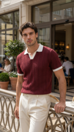 Erkek Örgü Desen Yakalı Kısa Kollu Triko Tişört - %100 Pamuk Akrilik