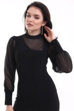 Kadın Balıkçı Yaka Transparan Detay Fırsat ürün Sandy Kumaş Mini Elbise - Görsel 4