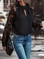 Kadın Uzun Kollu Göğüs Pencere Detay Yaka Boğazlı Kolları Tüllü Sandy Bluz - Görsel 3