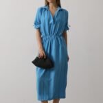 Beli Lastikli Elbise - Mavi