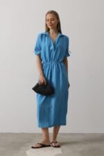 Beli Lastikli Elbise - Mavi