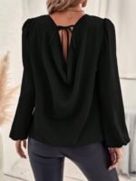 Kadın Uzun Kollu Yuvarlak Yaka Arkadan Bağcıklı Salaş Ithal Krep Bluz - Görsel 2