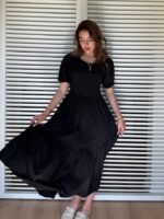 Kadın Kısa Kollu Yakası Açık Katlı Bürümcük Balon Elbise