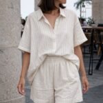 Kadın Kısa Kollu çizgili Modal Kumaş Gömlek Ve Yüksek Bel Lastik Detay şort Ikili Takım
