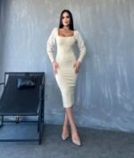 Kadın Kare Yaka Kolları Manşet Ve Tül Detay Fırsat ürün Midi Boy Elbise - Görsel 2