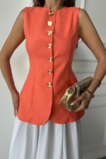 JAKAR KETEN YELEK BELDEN OTURTMALI GOLD DÜĞMELİ - Orange - Görsel 3