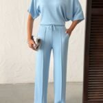 Kadın İsa Kollu Kayık Yaka Bluz Ve Pantolon Misal Kumaş Ikili Takım