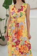 Sarı Çiçek Desenli Yazlık Elbise - Görsel 3