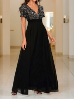 Kadın Kısa Kollu Derin V Yakalı A Kesim Pulpayet Detaylı şifon Nedime Elbisesi - Görsel 2