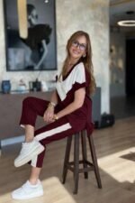 Kadın Kısa Kollu V Yakalı çift Renkli Viskon Iki Iplik Ikili Bluz Ve Pantolon Takım - Görsel 3