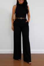 Kadın Yüksek Bel Geniş Paça Detaylı Cepli Ithal Krep Pantolon (kemersiz) - Görsel 2