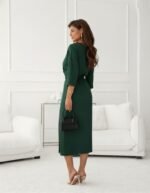 Kadın Uzun Kollu Kruvaze Yakalı Yandan Dantelli Midi Ithal Krep Elbise - Görsel 3
