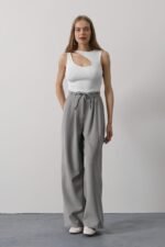 Pileli Bağcıklı Oversize Pantolon - Gri - Görsel 3