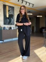 Kadın Kısa Kollu Bisiklet Yaka Asimetrik Viskon Iki Iplik Bluz Ve Pantolon Ikili Takım - Görsel 3