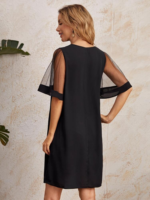 Kadın Tüllü Kısa Kollu V Yaka Krep Elbise - Görsel 4