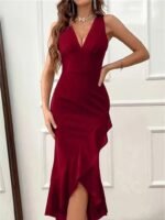 Kadın Askılı V Yakalı önden Fırfırlı Uzun Ithal Krep Elbise - Görsel 2