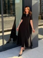 Kadın Kısa Kollu Bisiklet Yaka Maksi Boy Ithal Krep Elbise - Görsel 2