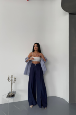 SALAŞ ÖNDEN YIRTMAÇ DETAYLI BEL KEMERLİ PANTOLON - Lacivert - Görsel 4