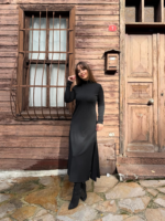 Kadın Uzun Kollu Balıkçı Yaka Derin Yırtmaç Detay Krep Elbise - Görsel 16