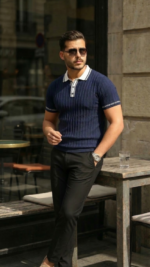 Erkek Düğme Yakalı Kontrast Yaka Triko Tişört - Görsel 2