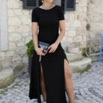 Kadın Kısa Kollu Sırt Dekolteli Yırtmaç Detaylı Viskon Elbise