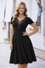 Kadın Kısa Kollu Dantel V Fermuar Yakalıuzun Viskon Elbise - Görsel 2