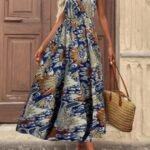 Kadın Askılı Kruvaze Yakalı Uzun Desenli Kemersiz Süprem Elbise