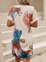 Kadın Kısa Kollu V Yakalı Desenli Mini Atlas Elbise - Görsel 5