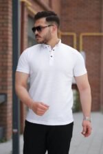 Erkek çizgi Dokulu çıtçıt Yakalı Kısa Kollu T-shirt