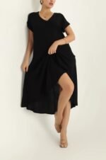 Kadın Kısa Kollu V Yaka Salaş Maxi Boy Elbise - Görsel 6