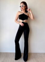 Kadın Halter Yaka Bel Dokolteli Tulum - Görsel 2