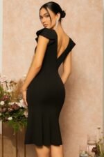 Kadın Kısa Kelebek Kollu Kruvaze Yaka Ithal Krep Midi Elbise - Görsel 3