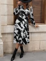 Kadın Uzun Kollu Kruvaze Yakalı Yandan Bağlamalı Desenli Mini Modal Elbise - Görsel 3