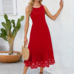 Kadın Kolsuz Etek Ucu Lazer Kesim çiçek Desenli Midi Boy Ithal Krep Elbise