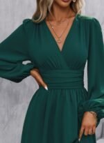 Kadın Uzun Kollu Kruvaze Yakalı Bel Korsajlı Mini Elbise - Görsel 2