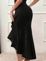 Kadın Askılı V Yakalı önden Fırfırlı Uzun Ithal Krep Elbise - Görsel 4