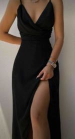 Kadın Askılı Kruvaze Yaka Derin Yırtmaçlı Krep Elbise - Görsel 2